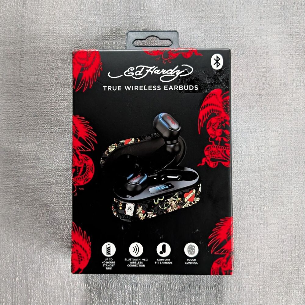 Ed Hardy Wireless Bluetooth Earbuds with Tattoo Print Charging Case NEW!